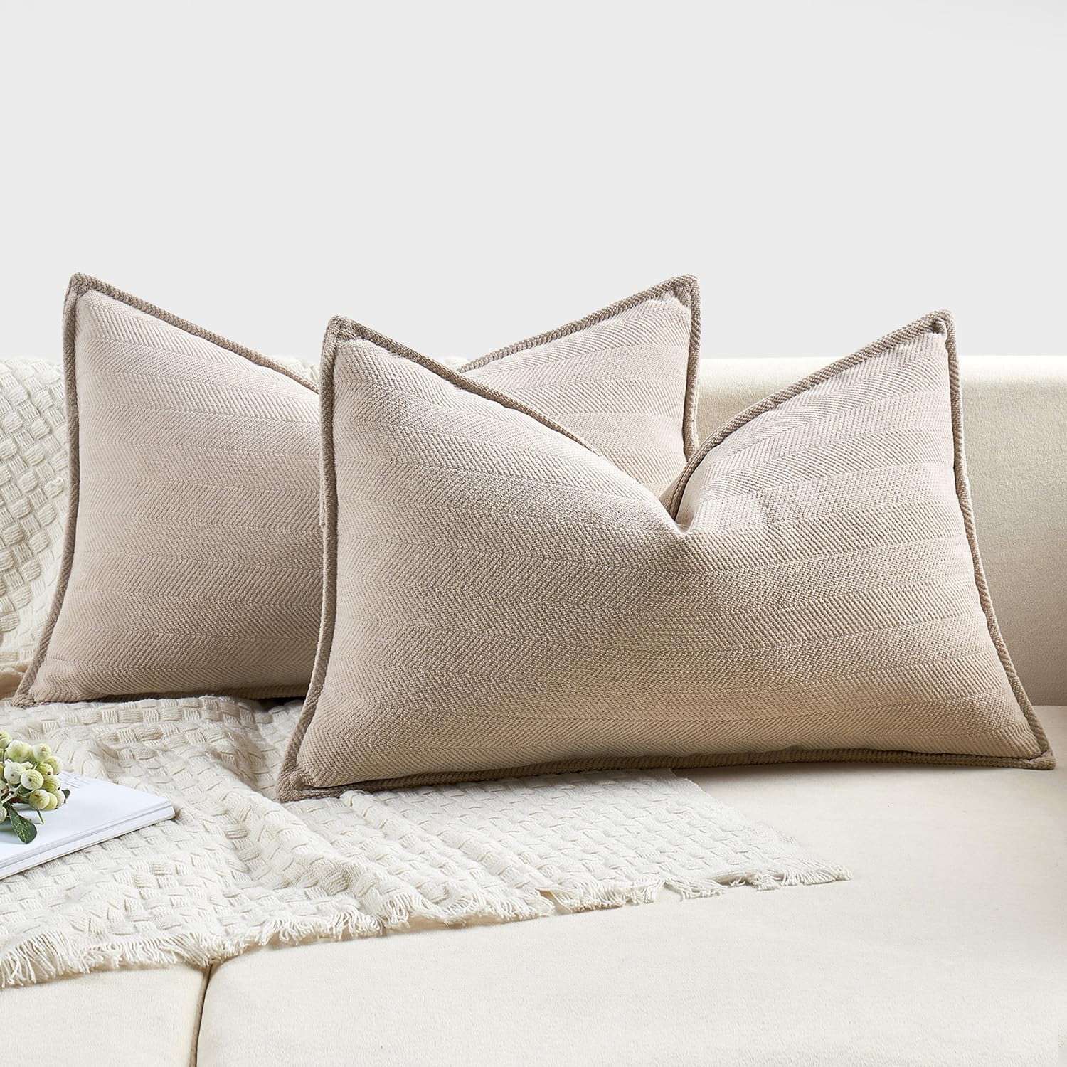 Pack of 2 Beige 12x20 Inch Decorative Pillow Covers Soft Chenille Couch Throw Pillows Farmhouse Cushion Covers for Sofa Bedroom Living Room