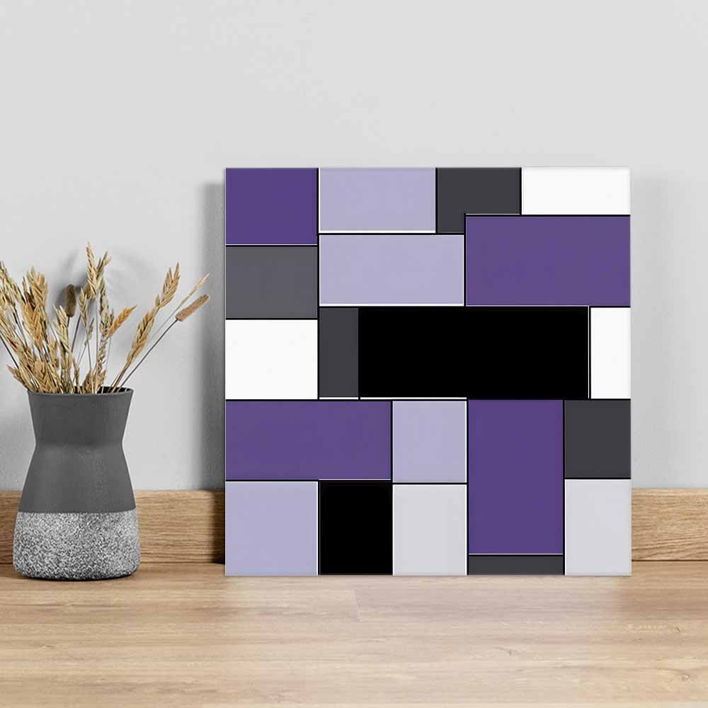 Purple Black Canvas Wall Art, Geometric Abstract Color Block Patchwork Framed Wall Decor Modern Artwork Prints Painting for Living Room, Bedroom, Kitchen & Cafe Decor 16x16 Inch