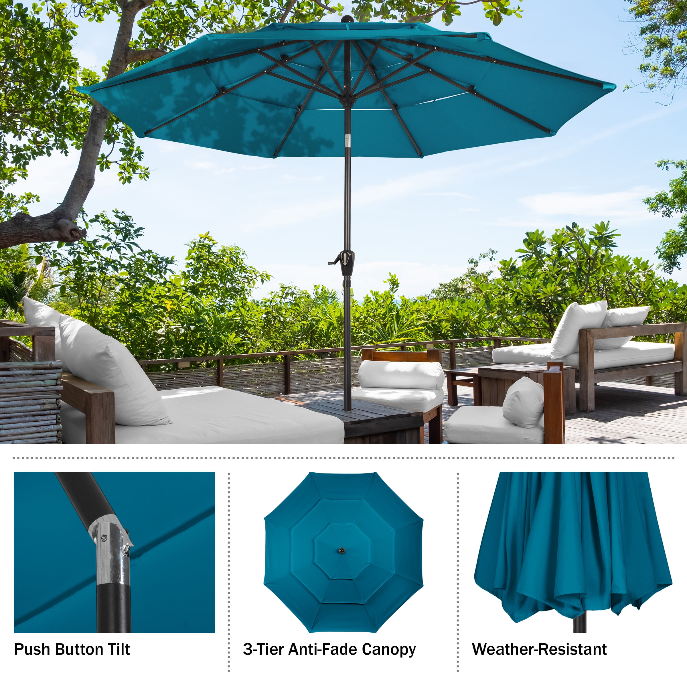 Pure Garden 10 ft Patio Umbrella - 3-Tier Outdoor Sunshade with Tilt, Teal