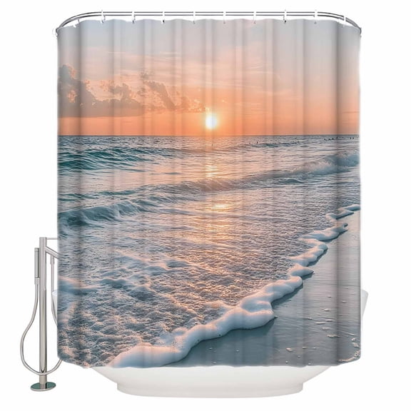 Shower Curtain Bathroom Set Beach Waves Summer Sunset Waterproof Fabric Shower Curtains with Grommets&Hooks Blue Sea Water Privacy Bath Curtain for Bathtub 36x72in