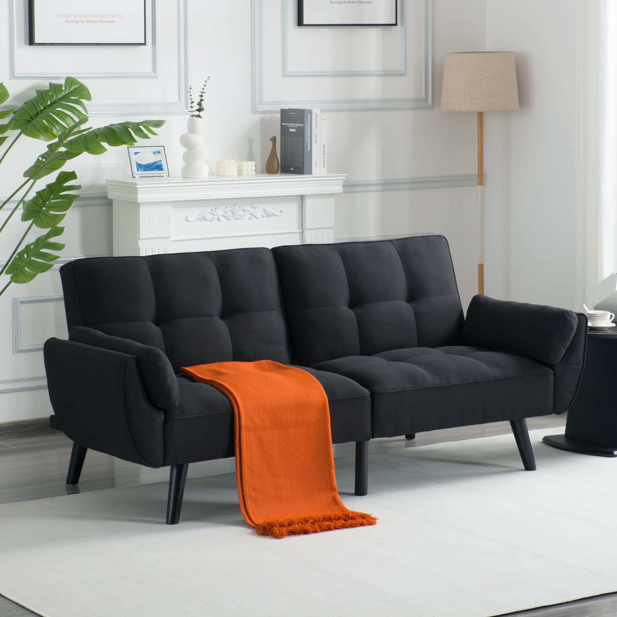 BSHTI 74.8" Linen Convertible Futon Sofa Bed with Split Back & 3-Position Adjustment, Tufted Design, Flared Arms, for Living Room & Guest Room( Black)