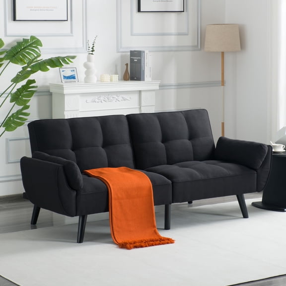 BSHTI 74.8" Linen Convertible Futon Sofa Bed with Split Back & 3-Position Adjustment, Tufted Design, Flared Arms, for Living Room & Guest Room( Black)