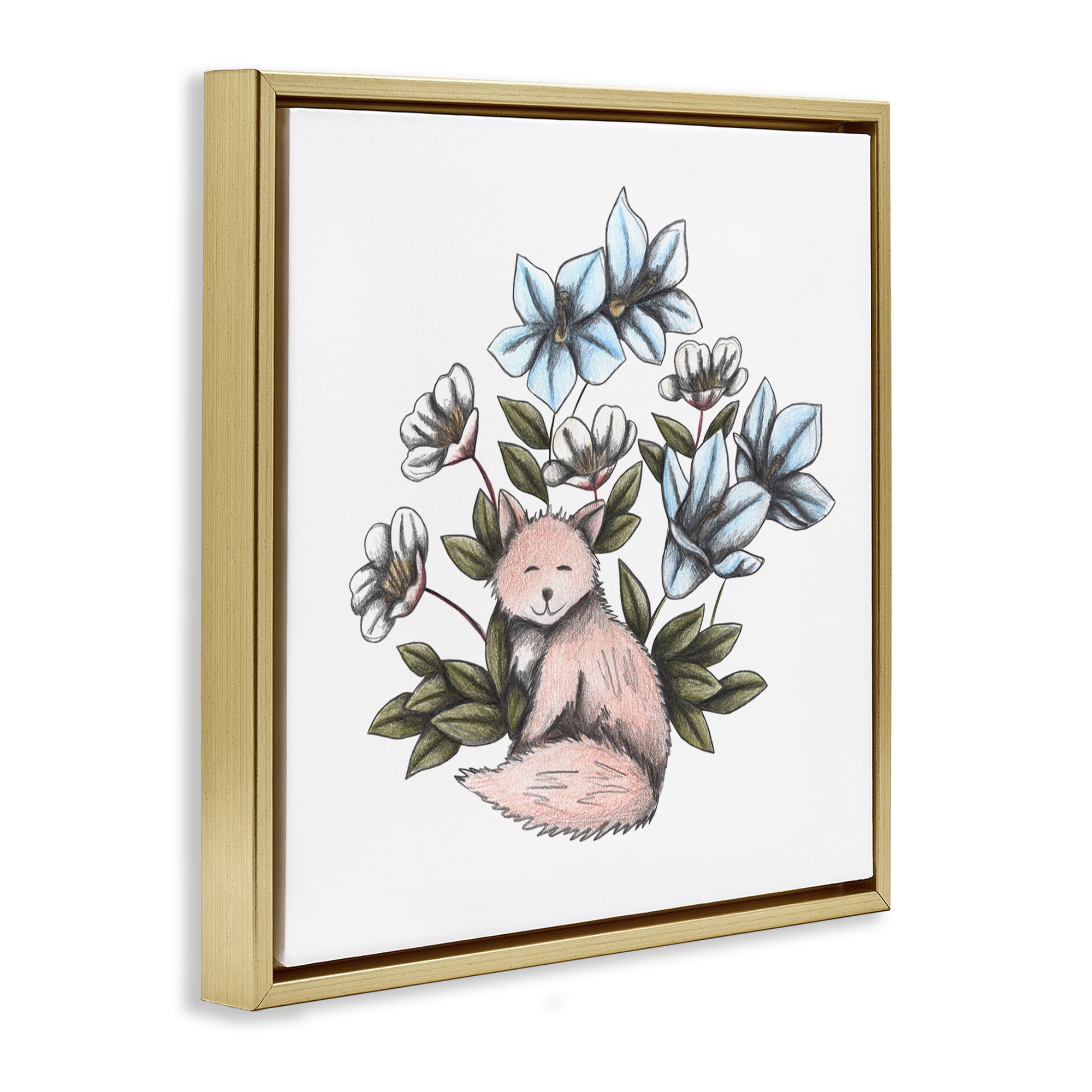 Gentle Fox with Flowers Gold Framed Floater Canvas Wall Art, design by Cecilia Battaini