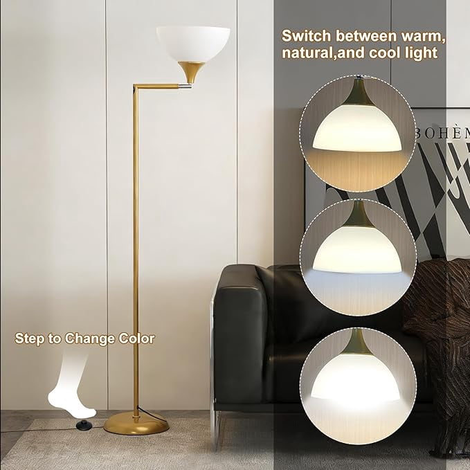 Anrotix 6.3 ft Art Deco Adjustable Head Gold Arc Floor Lamp with Clear Glass White Bowl Shade