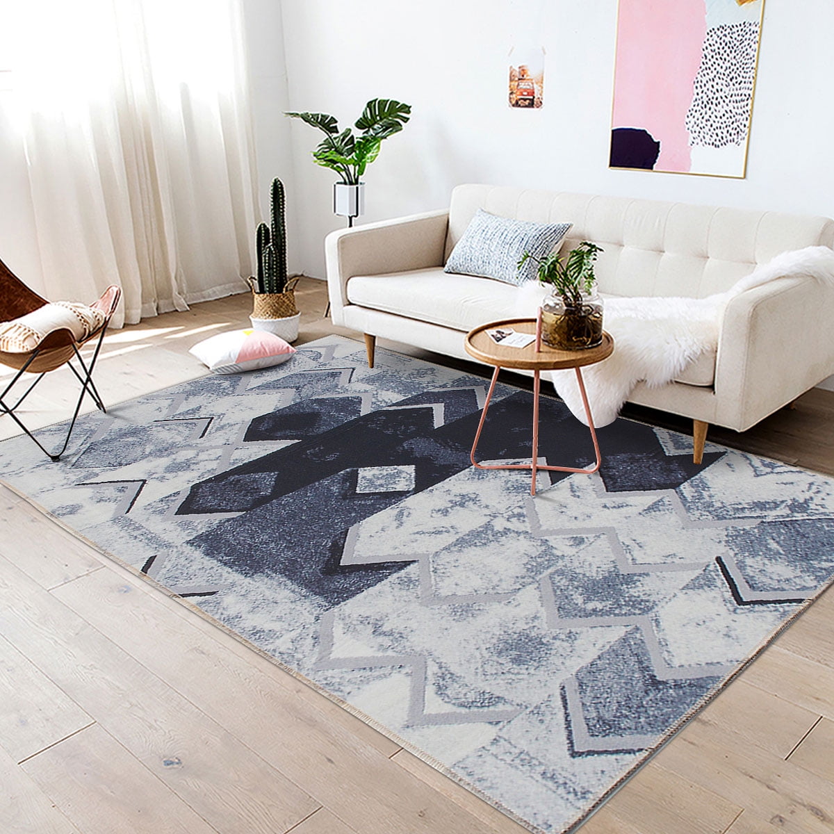 Abstract Modern Rectangle Area Rug Black Grey Silver Floor ...