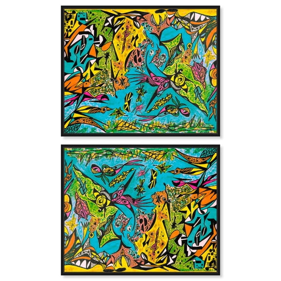 Undersea Set Canvas Set of 2 Graffiti Abstracts by Art Remedy, Black Frame, 20 x 16