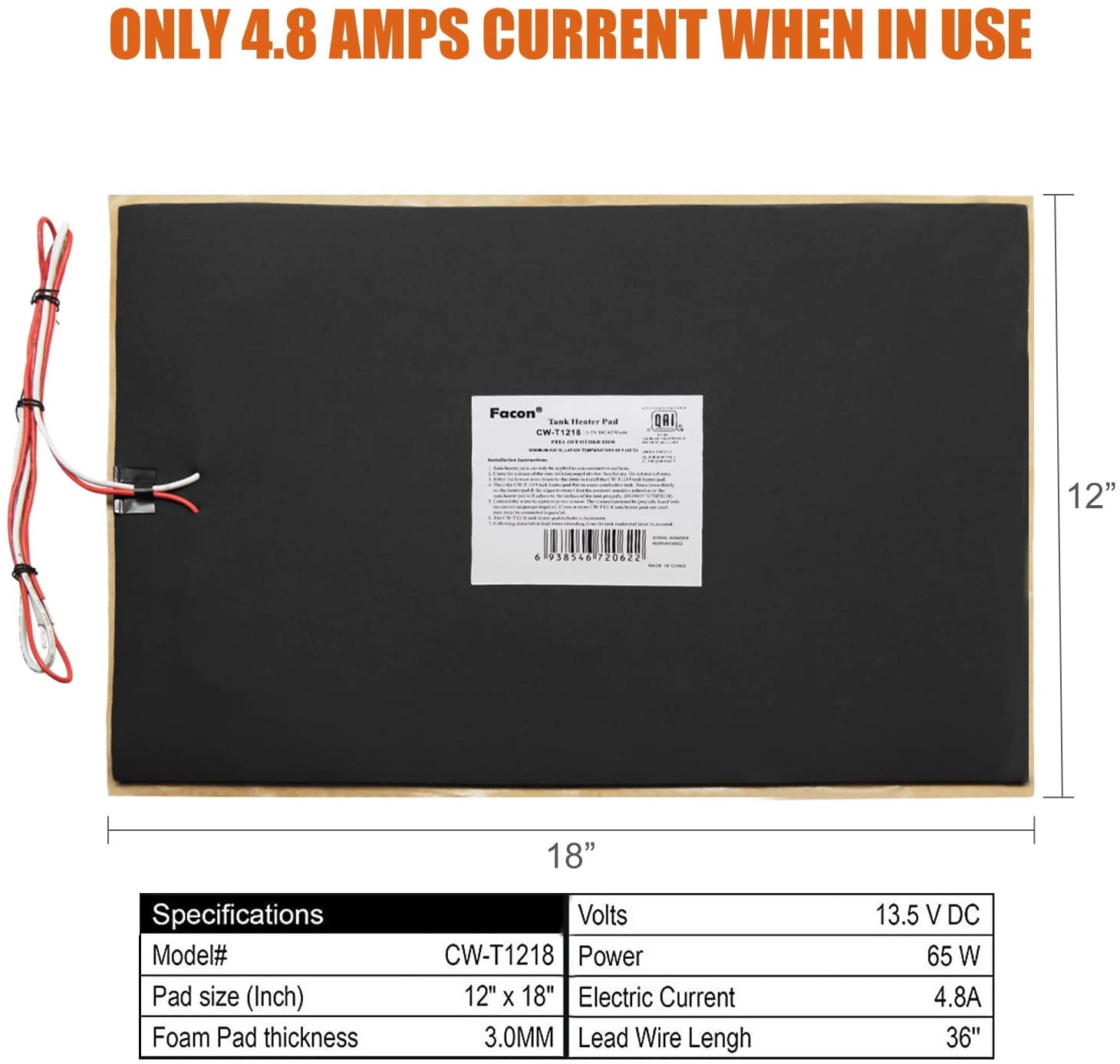 Facon 12" x 18" RV Holding Tank Heater Pad, 12Volts DC, Use with Up to 50 Gallons Fresh Water/Grey Water/Black Water Tank, Holding Tank Heating Pad with Automatic Thermostat Control