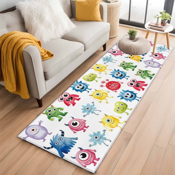 Colorful Monsters 2'x6' Runner Rugs for Hallway Kitchen Bedside Non Slip Washable, Abstract Cartoon Cute Artistic Funny Entryway Rug Runners with Rubber Backing, Long Carpet Runner for Laundry Room