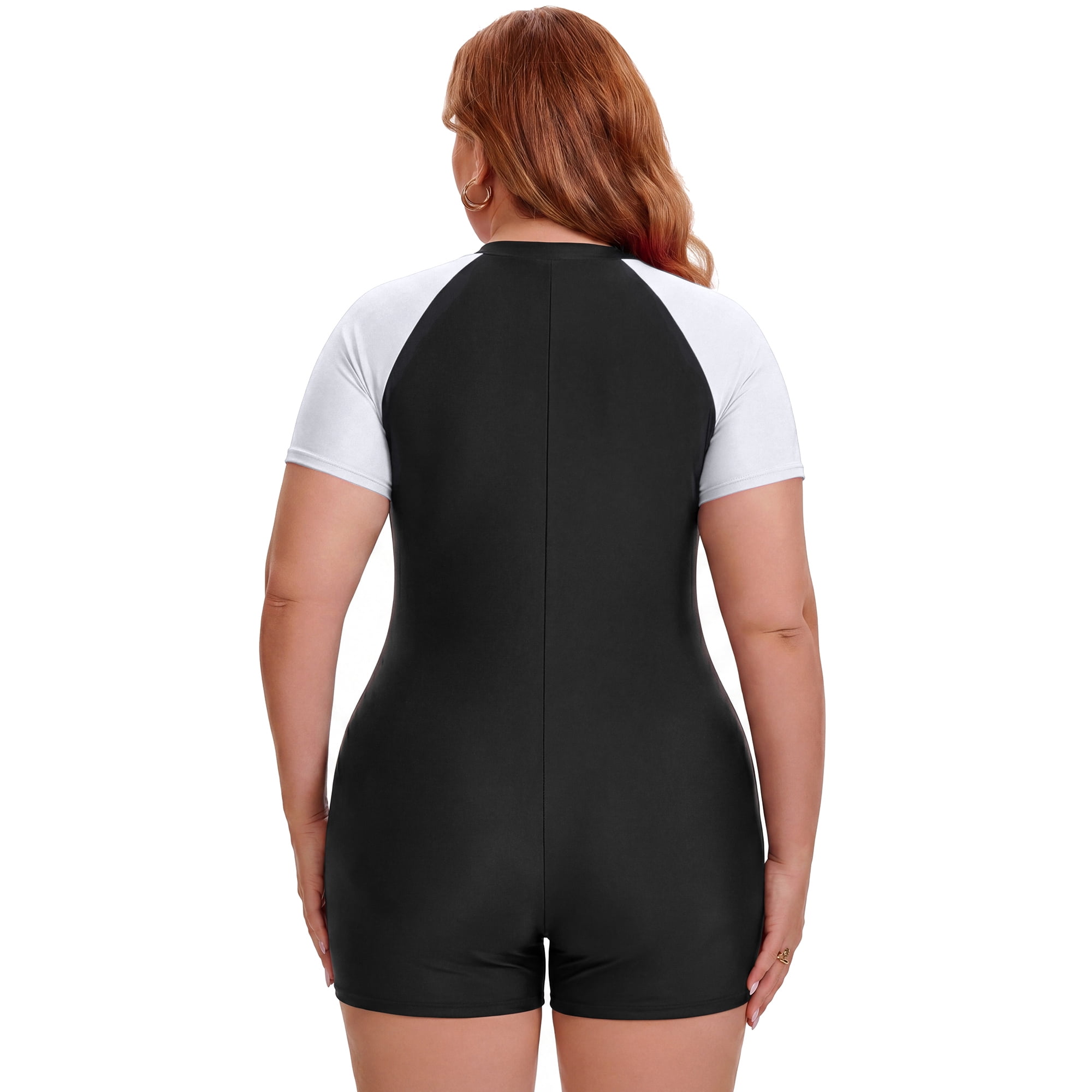 DARING DIVA Women's Plus 1 Piece Zip Front Short Sleeve Swimsuit 3X Black White
