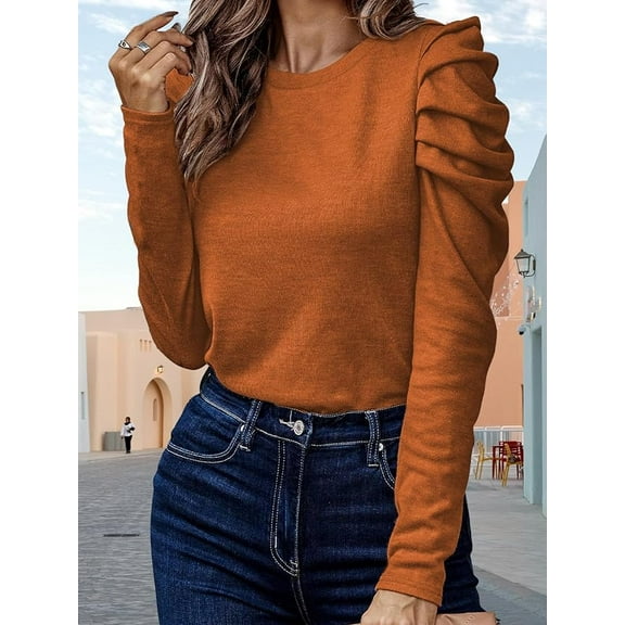 Womens Crew Neck Puff Long Sleeve Tops Casual Loose Solid Basic T-Shirt Pullover Blouse