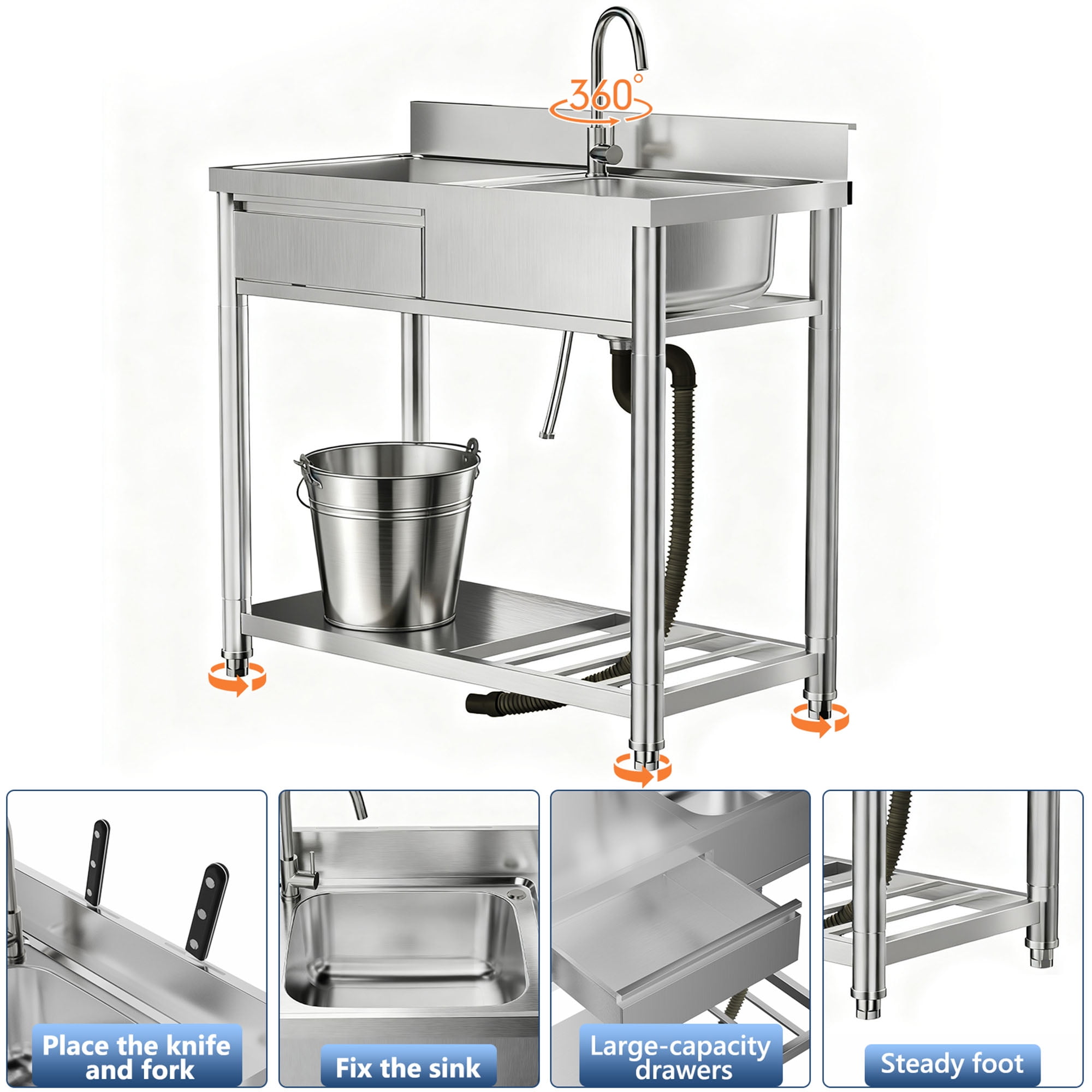 CQSXDA Durable 304 Stainless Steel Outdoor Utility Sink with Workbench and Storage Shelf, 39 Inch Freestanding Prep Table