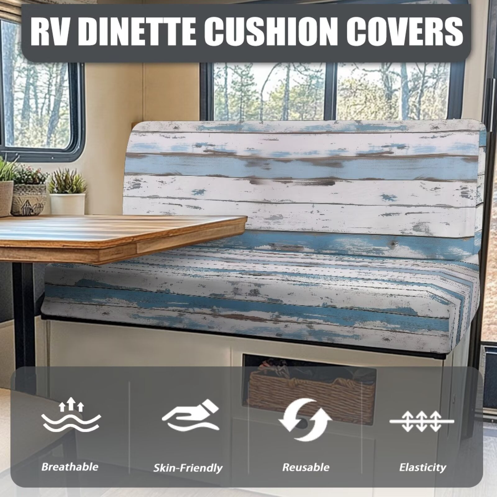 Pzuqiu Wooden Print RV Dinette Cushion Covers Stretch Camper Seat Cushion Slipcovers Washable Camper Sofa Cover Furniture Protector for RV Car Bench