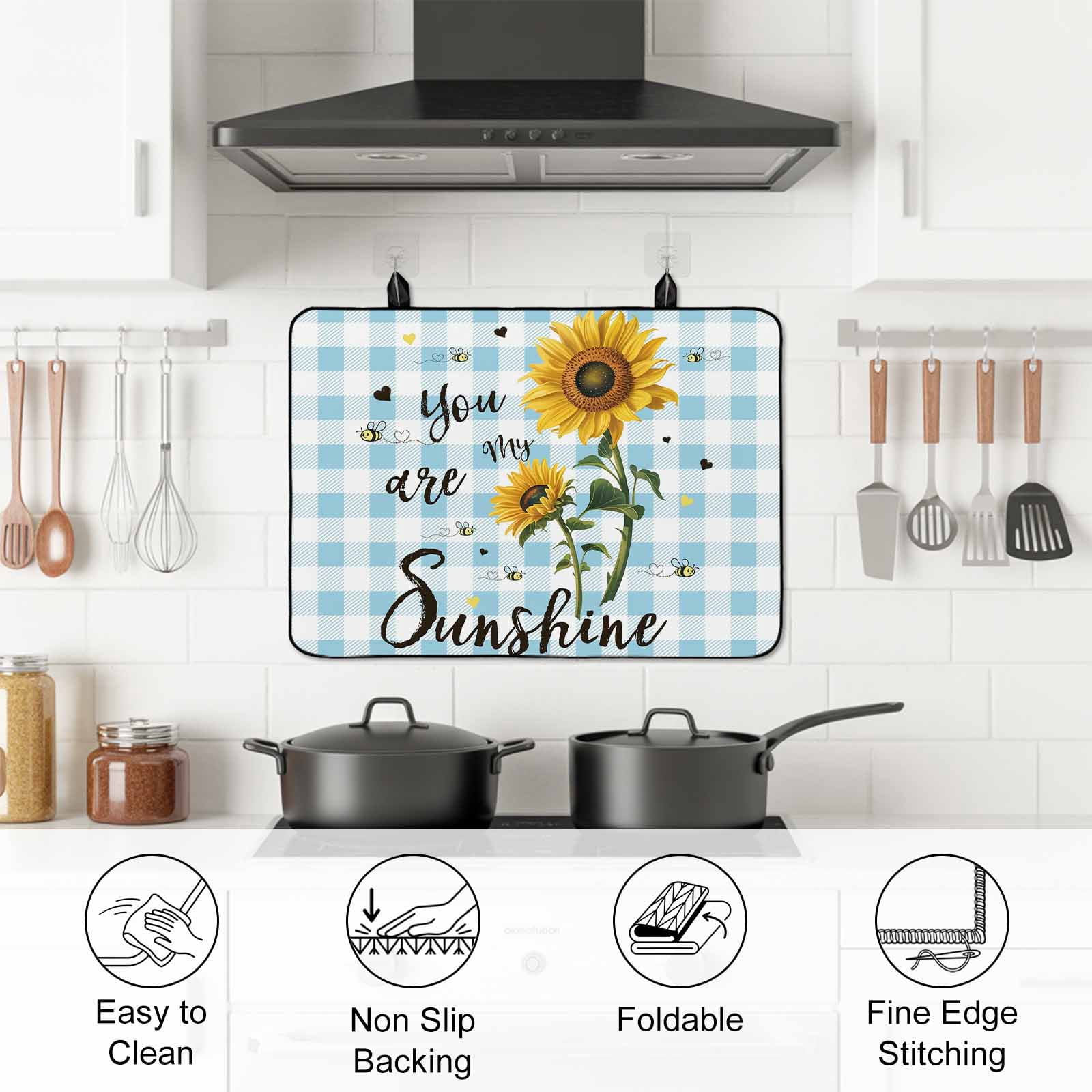Sunflower Stove Top Cover for Electric Stove, Heat-proof & Non Slip Glass Top Stove Cover Protector, Blue Plaid Farmhouse You Are My Sunshine Kitchen Flat Cooktop Rubber Mat 24x21 Inches