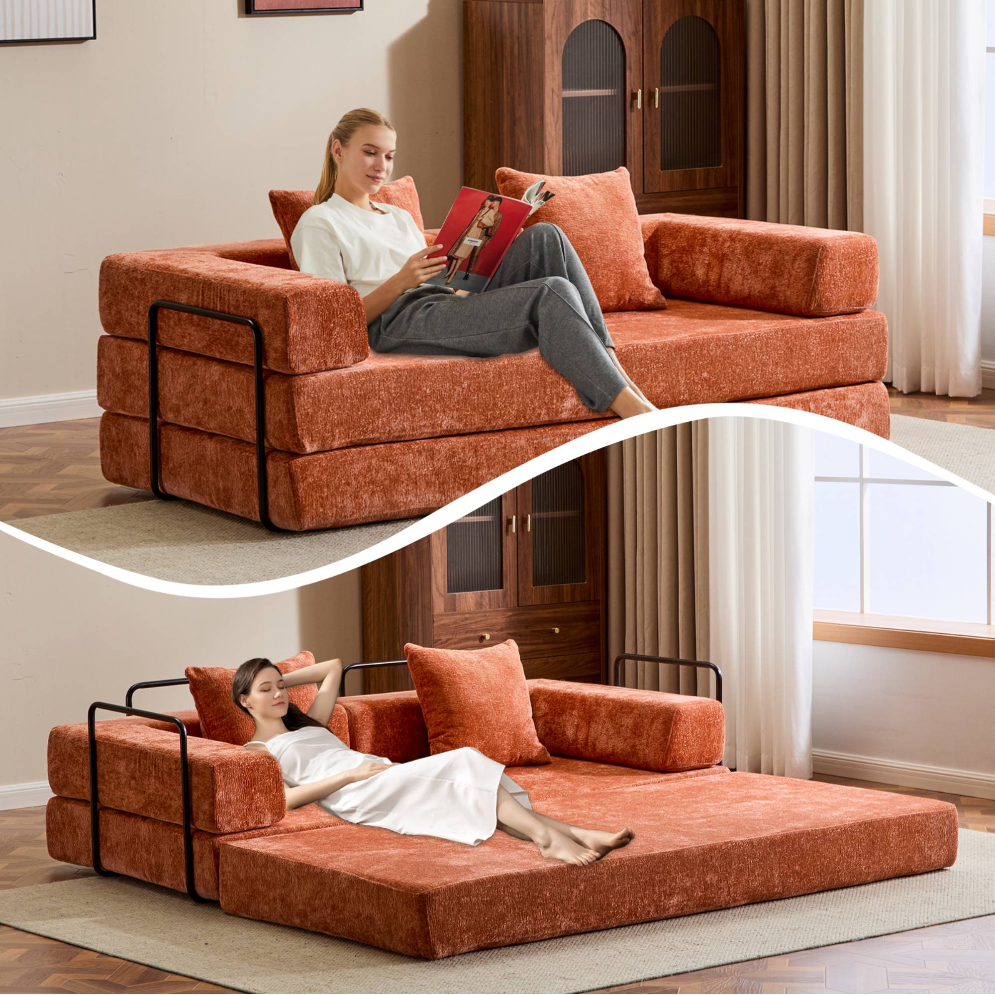 Convertible Sleeper Sofa Bed with Pillow, Corduroy Folding Mattress Floor Sofa Lounge Couch for Living Room, Bedroom, Orange
