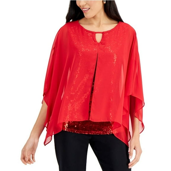 JM Collection Women's Sequined Mesh Keyhole Top Real Red Flutter Sleeves XS
