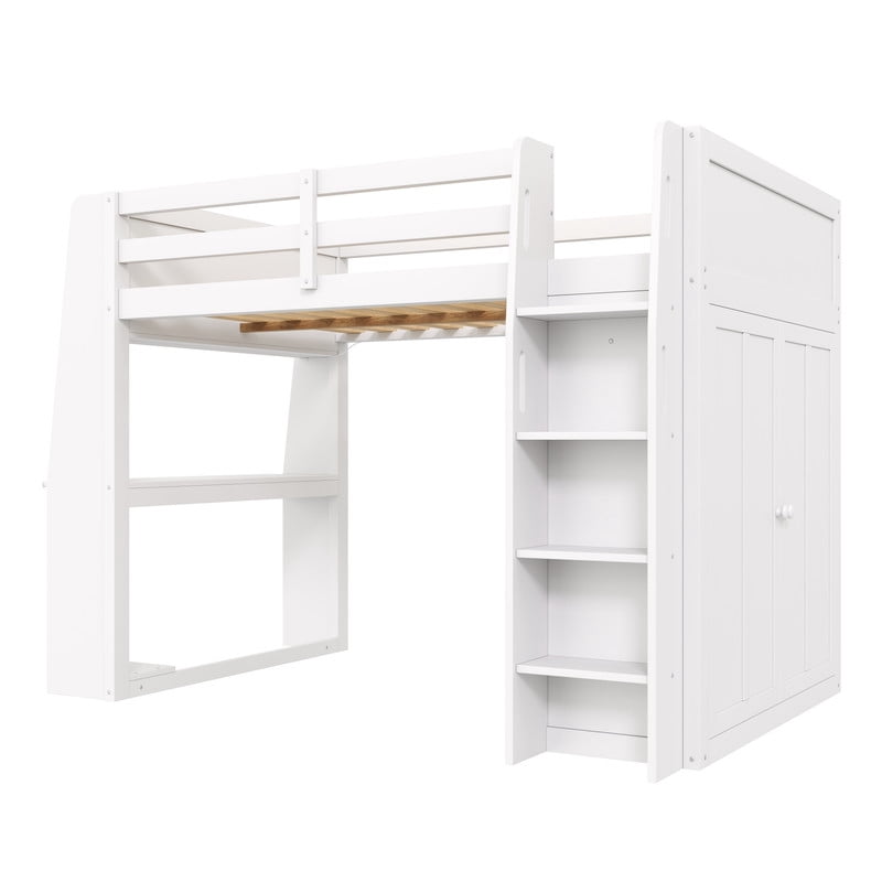 Full Size Wooden Loft Bed with Built-in Desk & Charging Station, Kids Storage Bed Frame with LED Light & Double Door Wardrobe