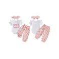 thumbnail image 2 of Loicainy Baby Toddler Girl Summer Outfits 3 6 12 18 Months Letter Print Short Sleeve Round Neck Romper Bow Pattern Pants Headband 3 Pcs Clothes Set, 2 of 7