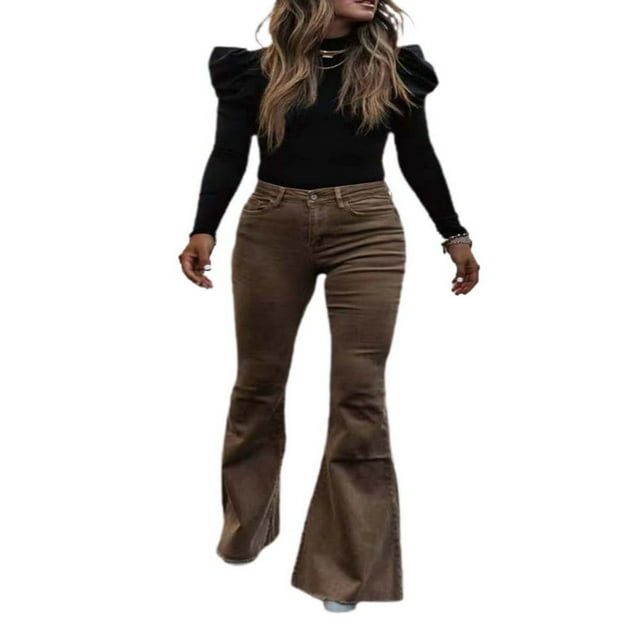Women Corduroy Flared Pants Stretch Bootcut Bell Bottom Trousers