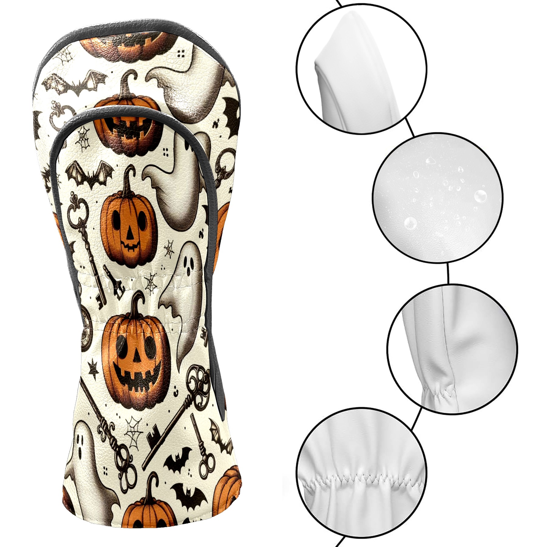 Golf Club Covers, Brown Pumpkin Ghost Key Premium PU Leather Driver Hybrid Putter Head Covers with Velvet Lining, Waterproof Golf Gifts for Men Women