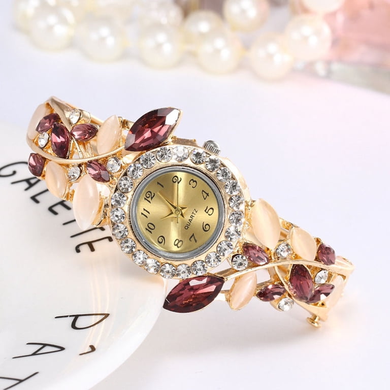 Deyuer Luxury Women Rhinestone Leaf Round Dial Analog Open 