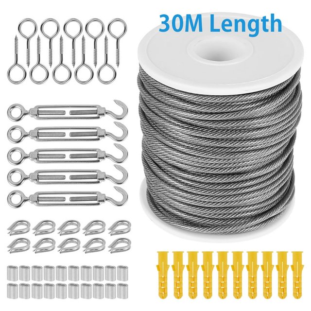 30m x 2mm Wire Rope Cable Wire Rope with Cable Hooks Stainless Steel Turnbuckle Cord Hanging Kit Outdoor Tent Rope Home Supplies