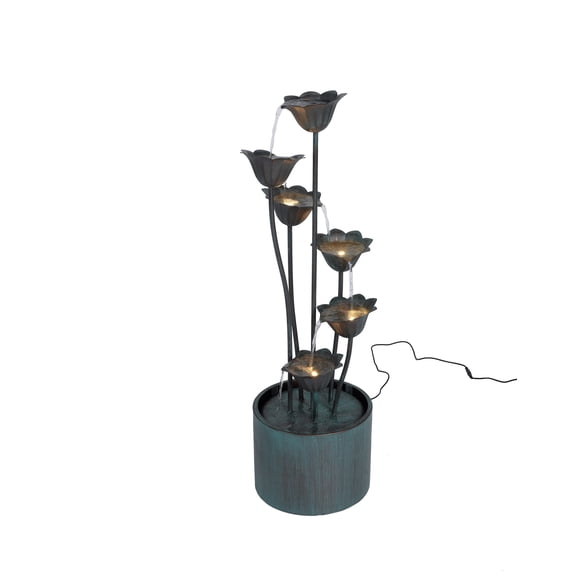 35" Chrome Black Metal Lily Flower Pouring Into Bucket Fountain with 5-Watt LED