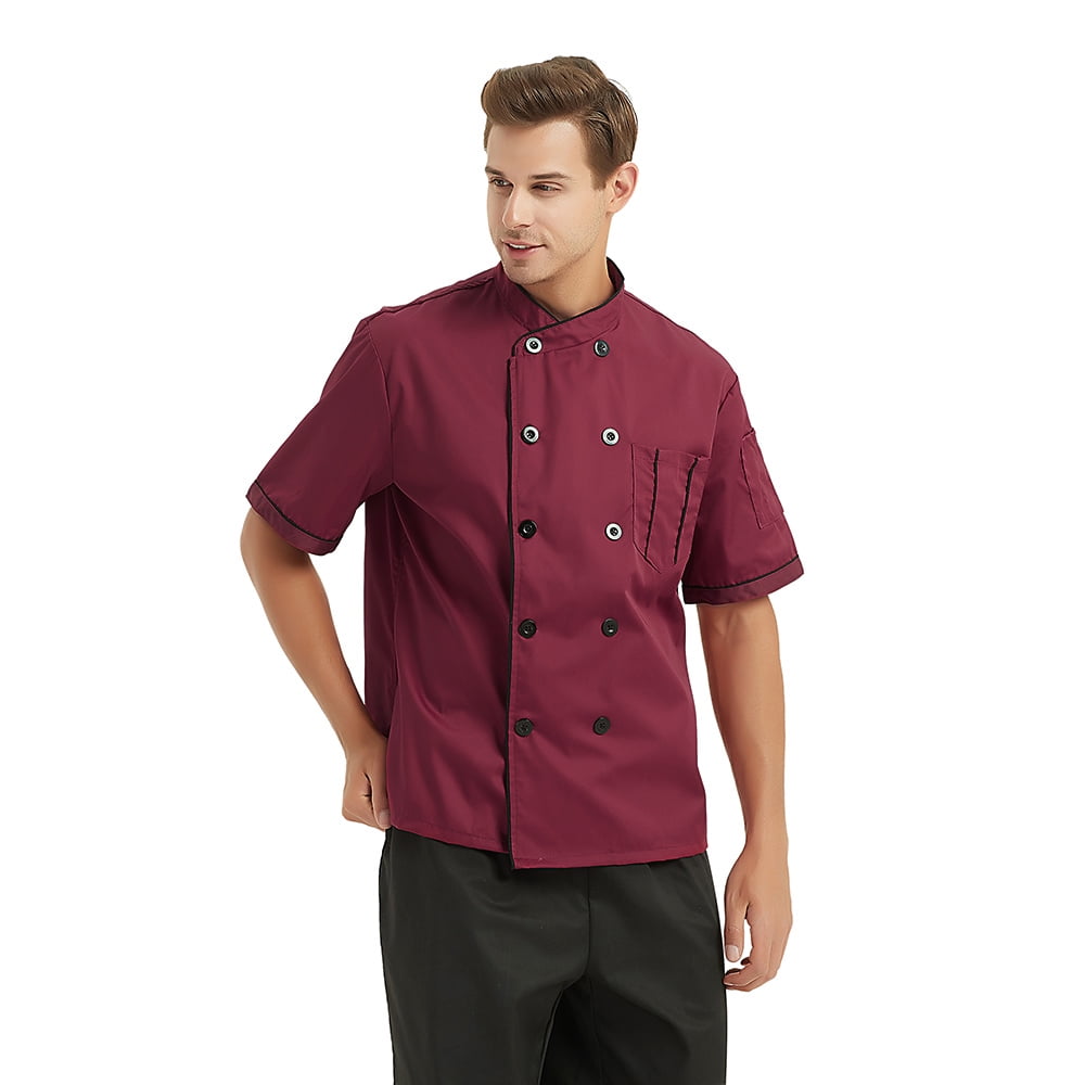 Toptie Short Sleeve Chef Jacket Kitchen Cook Coat Stripe Uniforms-Red-L ...