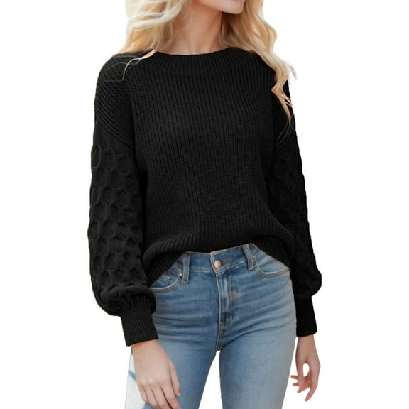 UJNDER Crewneck Long Sleeve Puff Sleeve Sweater for Women Casual Loose Knitted Pullover Black L