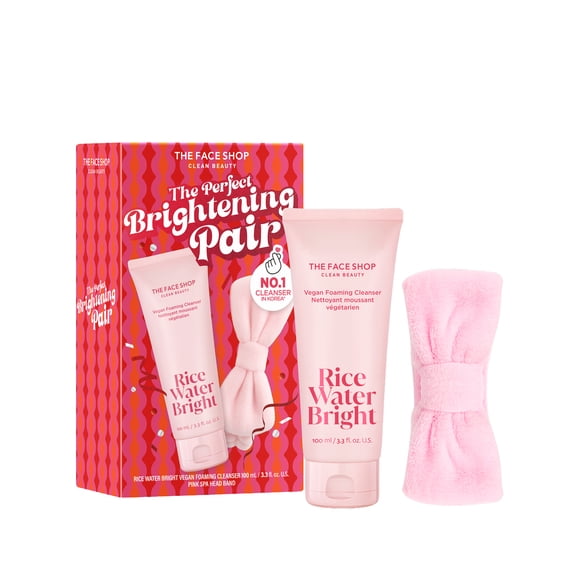 The Face Shop Rice Water Bright Brightening Set With Foaming Facial Cleanser, Hydrating Korean Face Wash, 150ml with Bonus Plush Headband