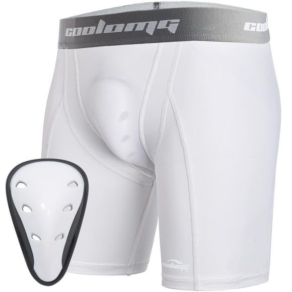 COOLOMG Youth Boys Cup Underwear Athletic Compression Shorts for Baseball Football Lacrosse White L