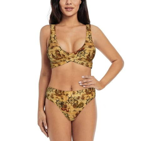 Zeuib Vintag Ancient Sailboats High Waisted Tummy Control Bikini Set - Knot Front Push Up Top & Cheeky Thong Bottom  Two-Piece Swimsuit for Women-Large