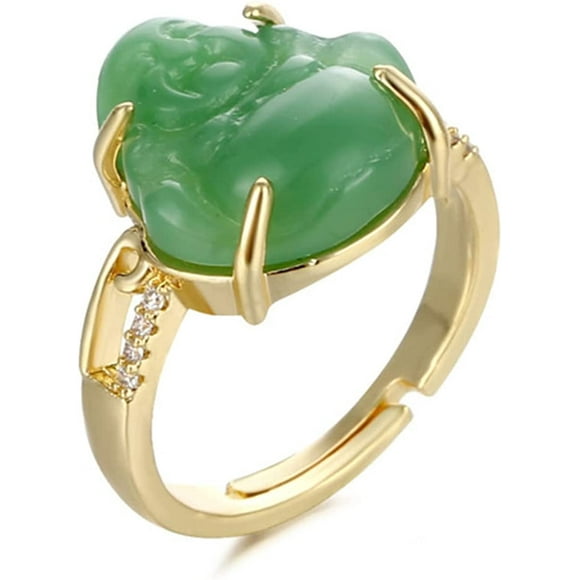 HTOOQ Laughing Buddha Ring, Fashion Dainty Green Jade Cubic Zirconia Gemstone Adjustable Lucky Amulet Jewelry Lucky Buddha Ring for Women Men Bling Good Luck Ring