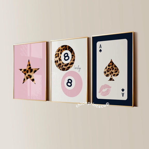 Navy Pink 8 Ball Lucky Girl Cheetah Aesthetic Trendy Apartment Decor Set 3 Unframed Paper Print 8x12