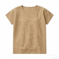 thumbnail image 5 of Craaazy Women's Plus Size Tops Loose Fit Solid Color V Neck Textured Short Sleeve Cotton T Shirts for Vacation Gift, 5 of 5