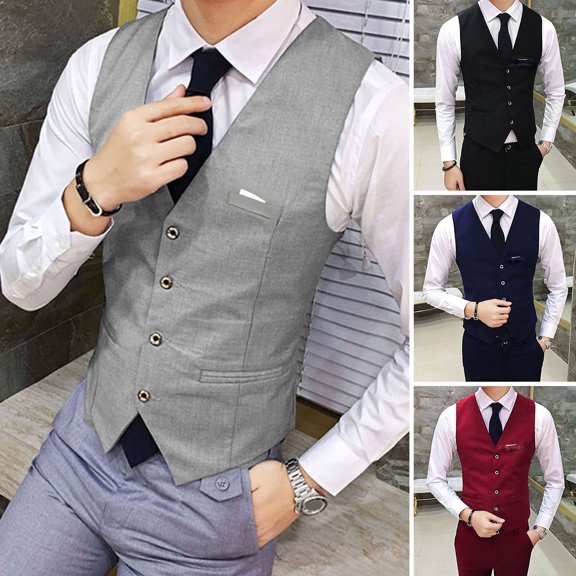 Joernso Men Suit Vest Waistcoat V Neck Sleeveless Solid Color Slim Fit Single-breasted Cardigan Formal Business Coat Groom Wedding Coat