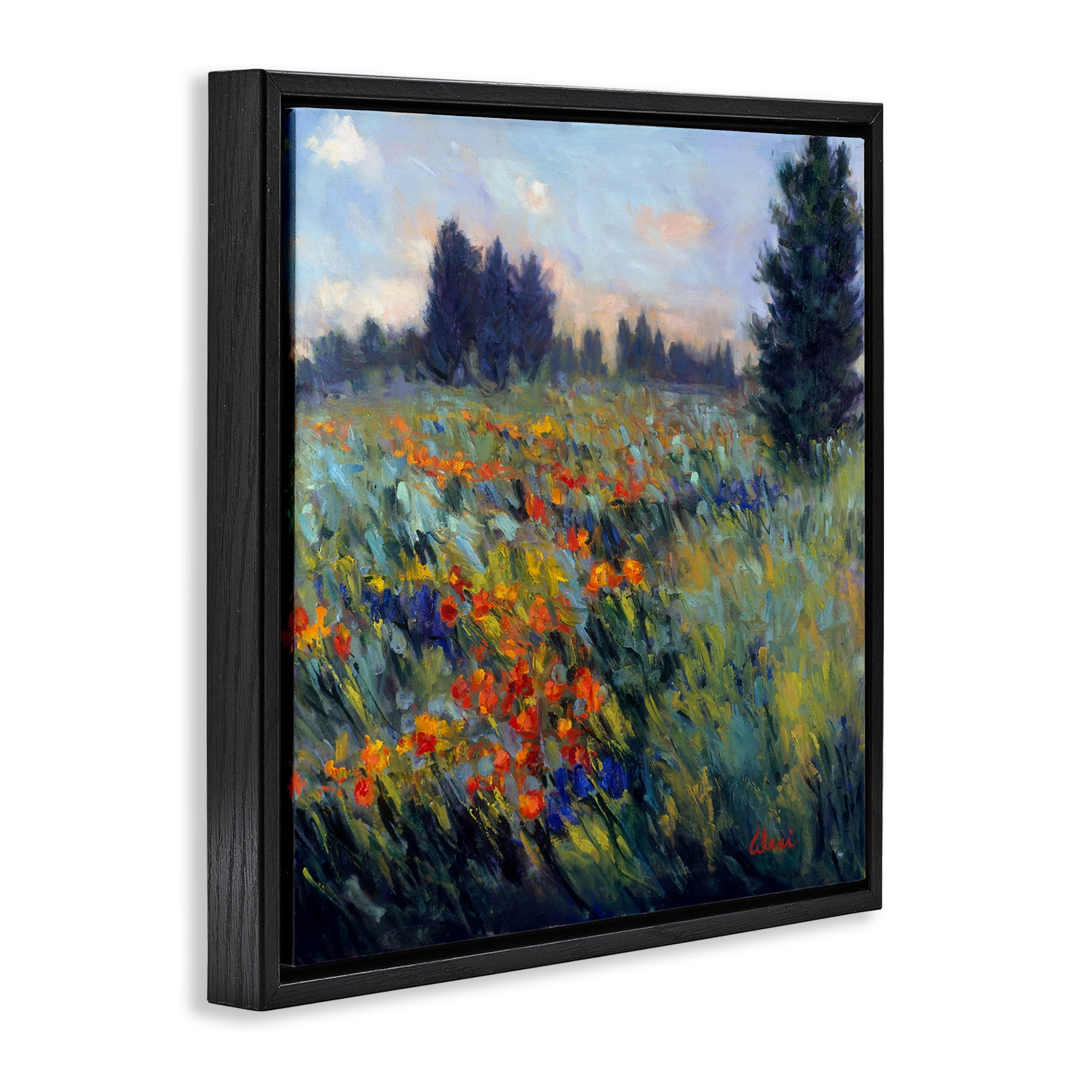 Stupell Industries Flower Meadow Landscape Landscape Painting Black Floater Framed Canvas Art Print Wall Art, 18 x 18