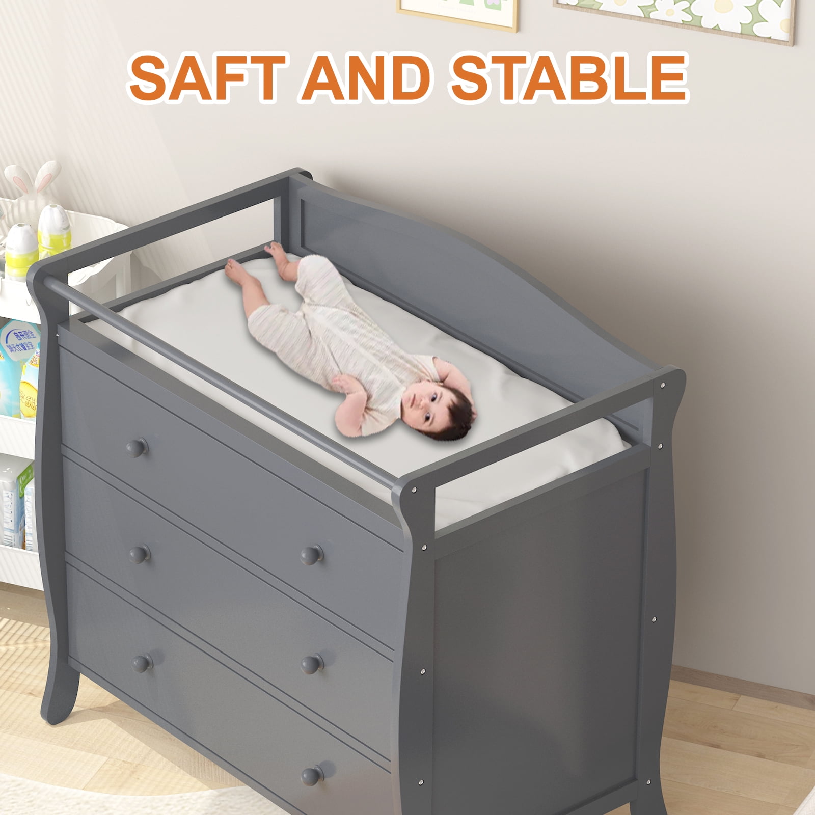 Roromall 3-Drawer Changing Table, Wooden Diaper Changing Table, Infant Diaper Changing Station Dresser with 3 Drawers, Safety Rail & Strap for Bedroom, Nursery