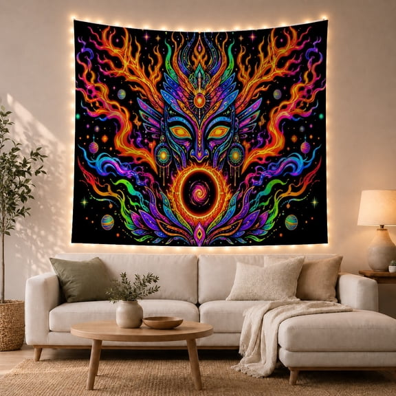Psychedelic Celestial Mask with Neon Glow Against Black, Mystical Psychedelic for Space Enthusiasts, Cosmic Neon Face Decor, Halloween Gift Tapestry Wall Hanging for Gaming Room and Bedroom