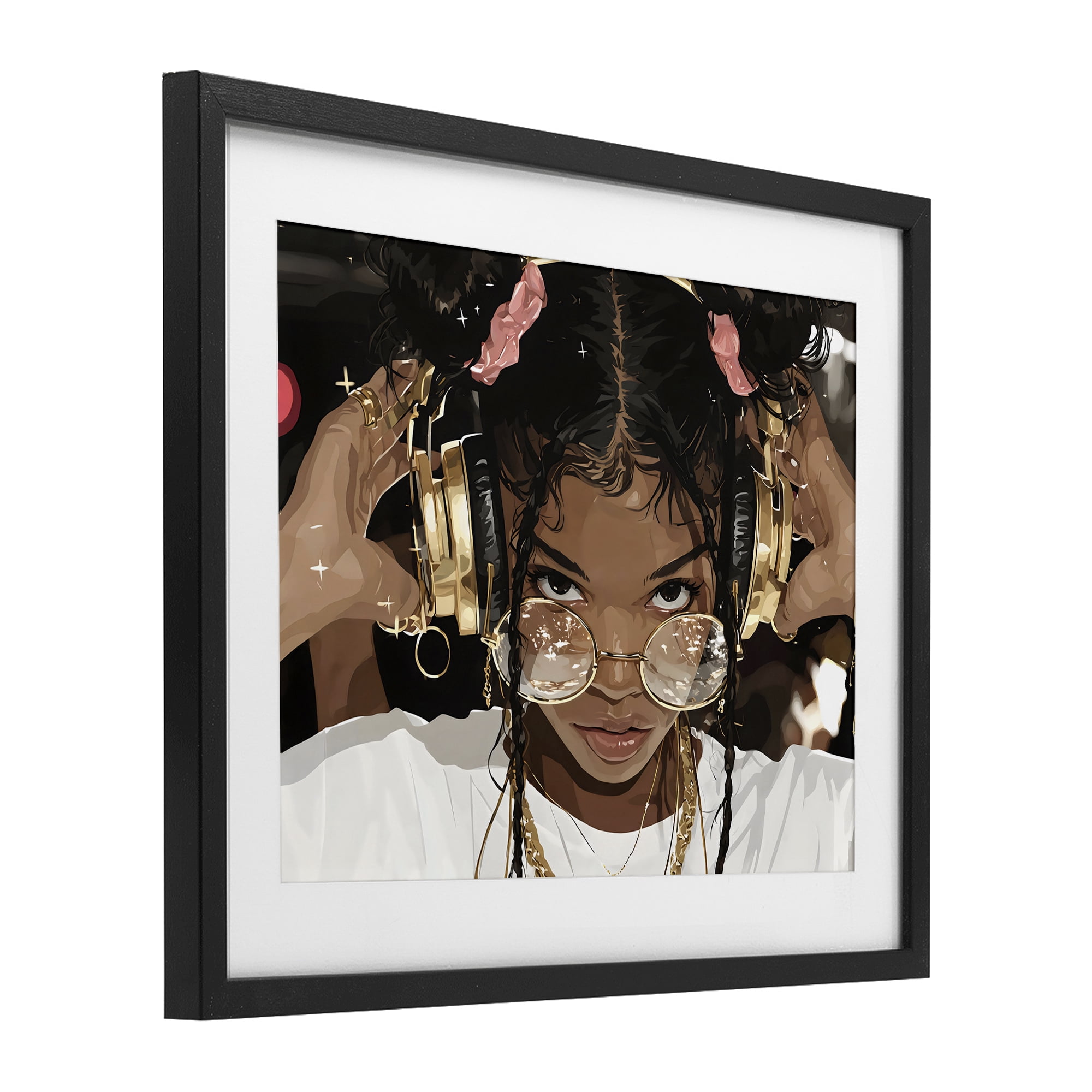 Stupell Industries Trendy Girl with Gold Headphones Black Framed Print Under Glass, design by Franklyn Gregory