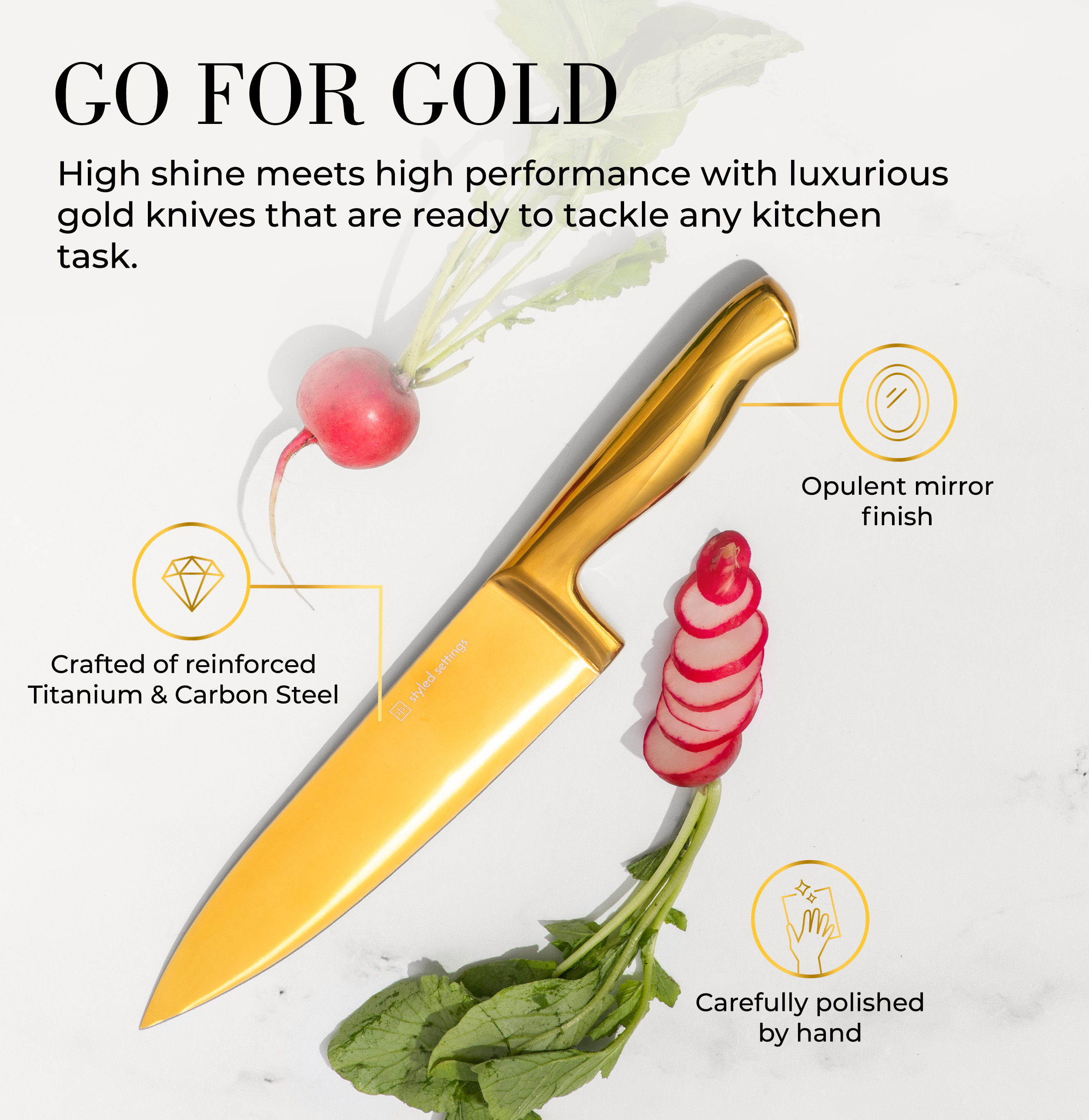 Black and Gold Knife Set with Block - 14 Piece Gold Knife Set with Sharpener Includes Full Tang Gold Knives and Self Sharpening Knife Block Set - Black and Gold Kitchen Accessories, Gold Kitchen Deco