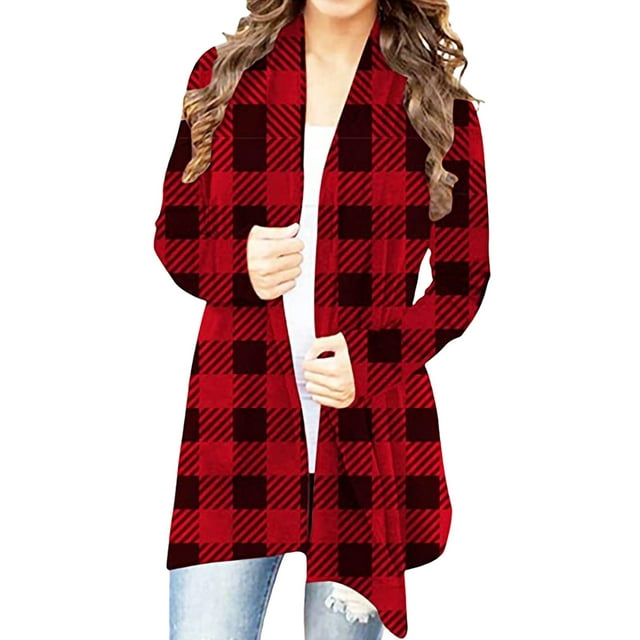 Innerwin Cardigan de Noël Chandail Manches Longues Cardigans de Noël pour Femmes Blouses Amples à Carreaux Rouges m
