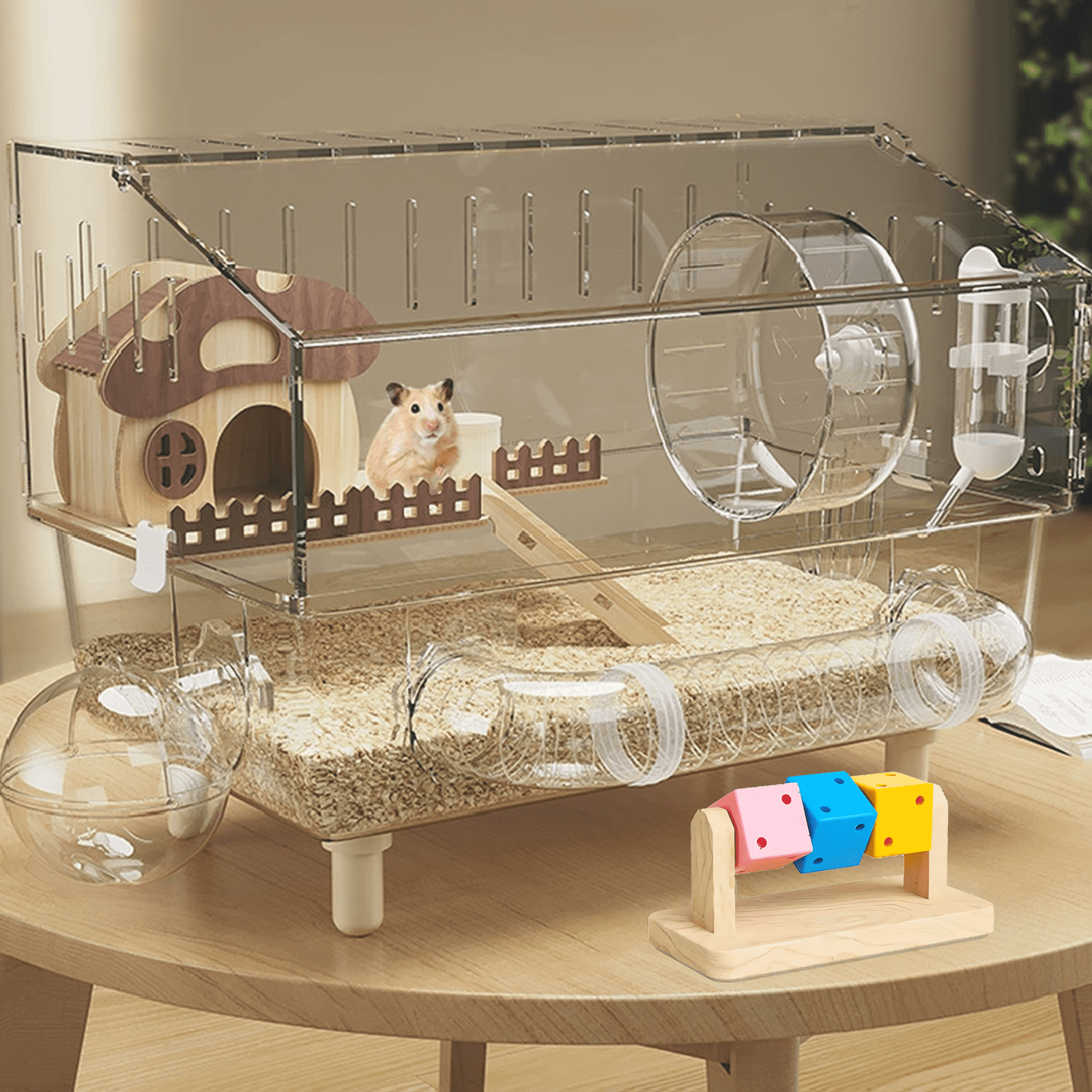 9 in 1 Acrylic Hamster Cage with all accessories and an activity tube,2-layer Hamster House,transparent viewing,top open Mouse Cage for pet mice,Hamster Habitat for Dwarf Hamster,Gerbils;18"x11"x13.4