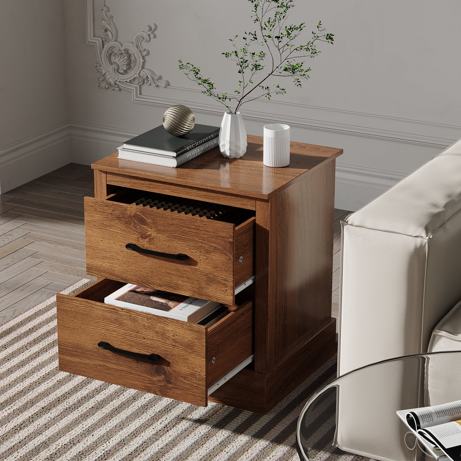 Costway 2 Drawer Nightstand Bedside Table Compact Sofa End Table Rustic Walnut