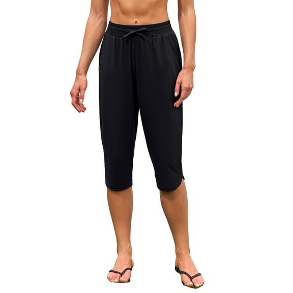 Charmo Drawstring Swim Bottoms for Womens V Slit Swim Capris Swim Pants with Pockets