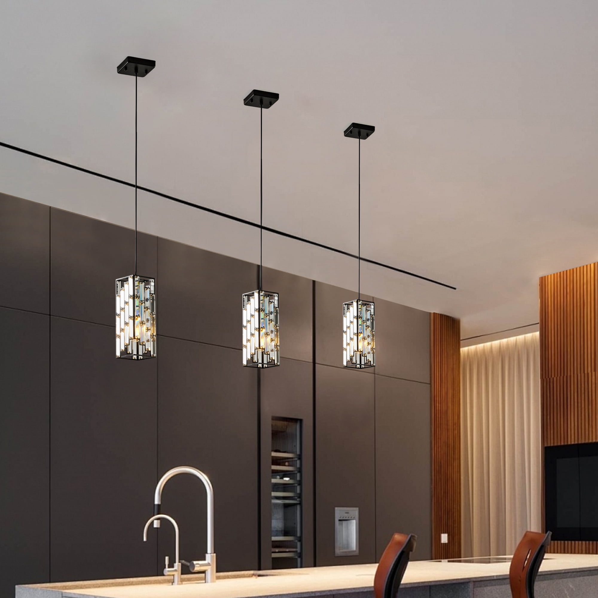 Miniyam Modern Crystal Pendant Light, 3-Pack Adjustable Hanging Ceiling Lamp for Dining Room, Black