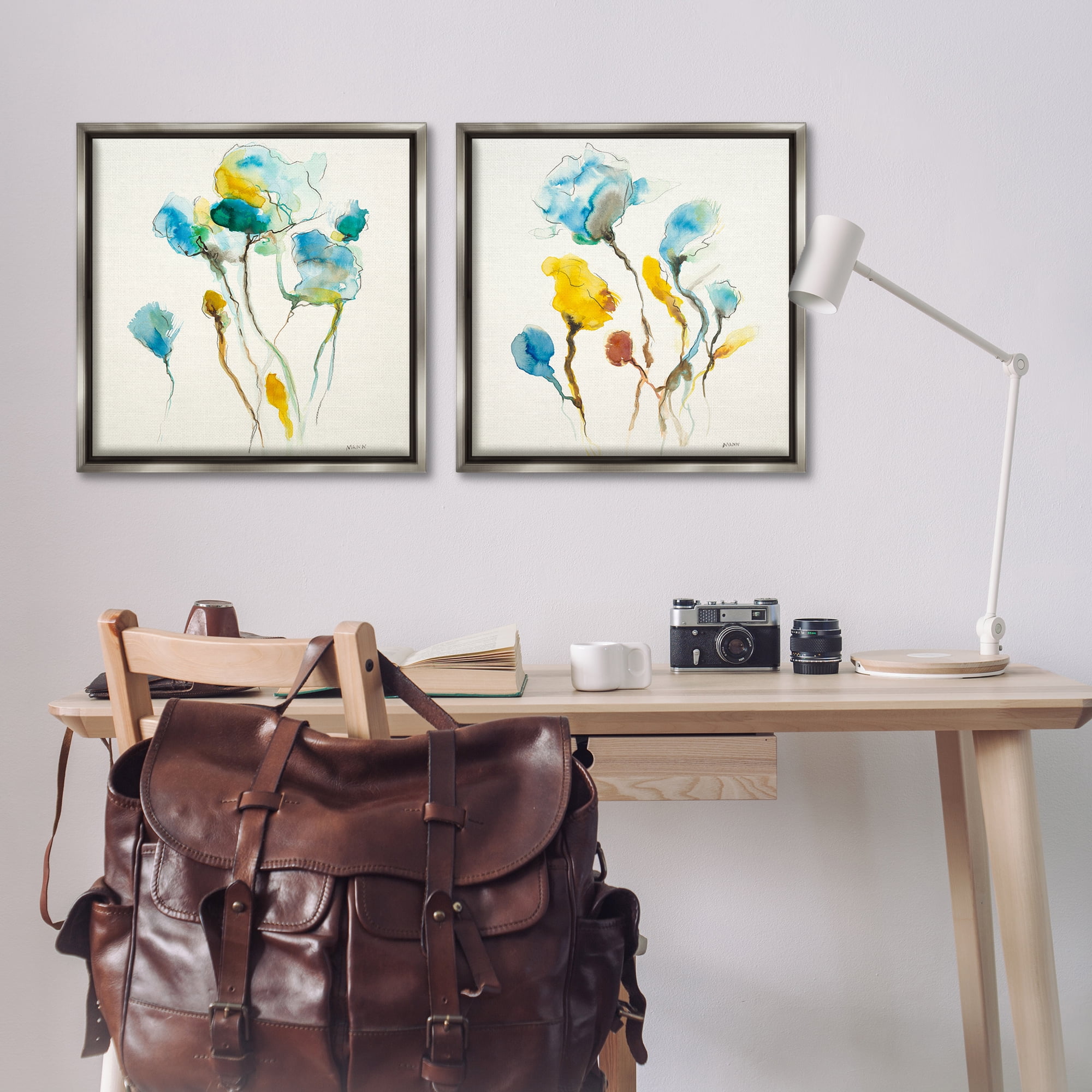 Stupell Industries Watercolor Teal & Yellow Flowers Abstract Painting Gray Floater Framed Canvas Art Print Wall Art, 25 x 25, Set of 2