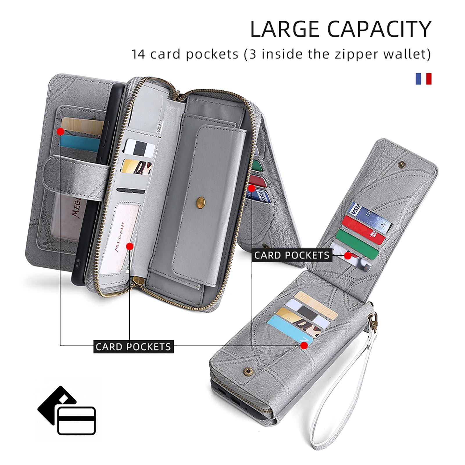 For Samsung Galaxy A15 Wallet Case with RFID Blocking Credit Card Holder, Detachable Wallet Phone Case Magnetic Closure Flip Kickstand PU Leather Flip Lanyard Strap Wristlet Zipper Purse,Gray