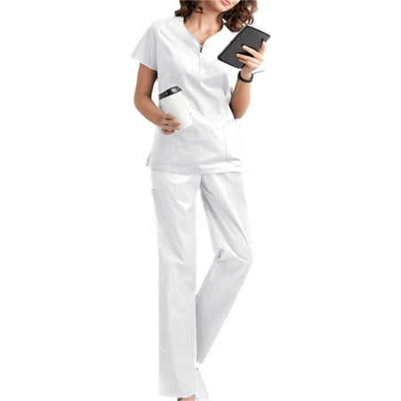 

Liveday Scrubs Set for Women V Neck Short Sleeves Uniform with Pockets Non-Sticky Hair Workwear for Pet Hospital New