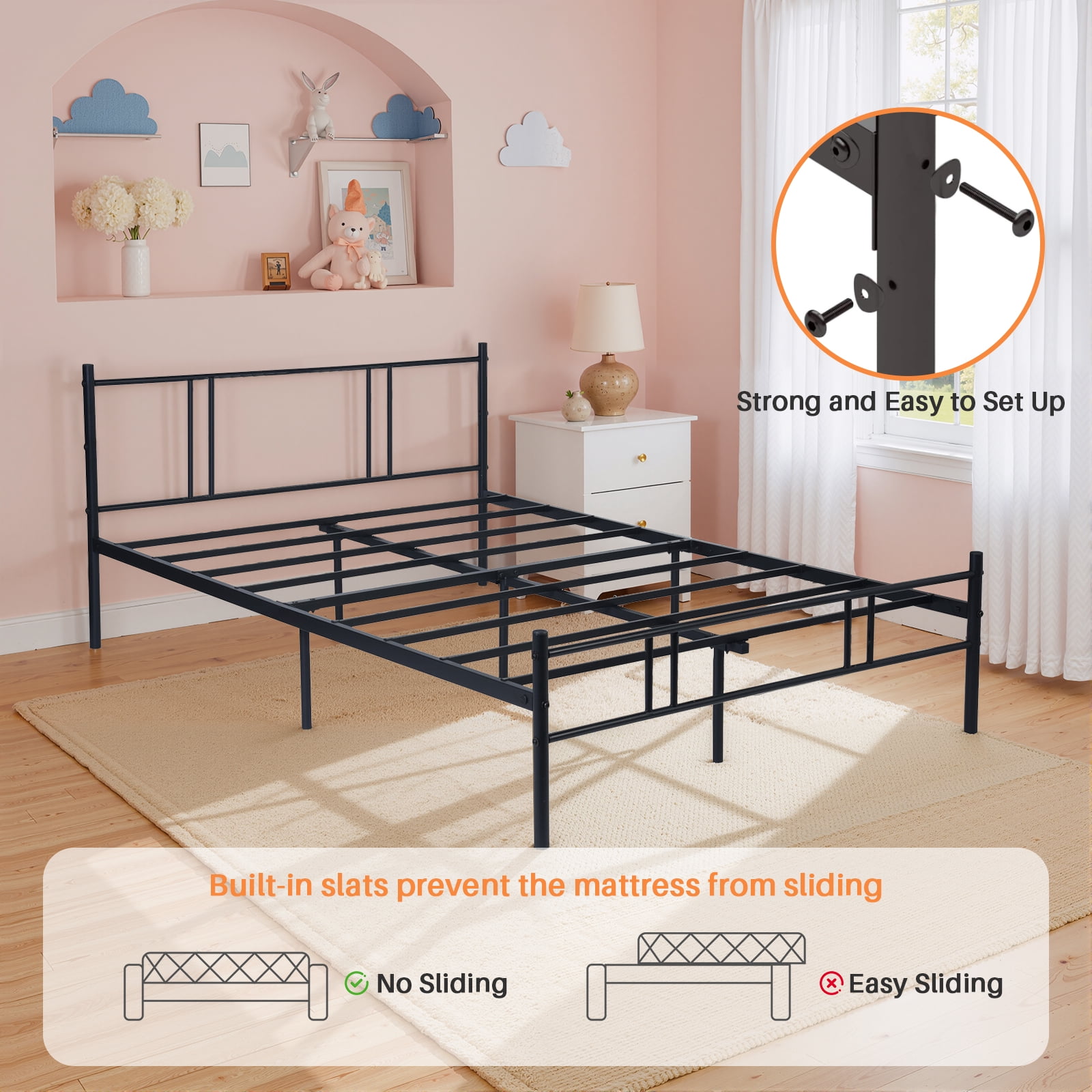 Simenmax Full Size Metal Platform Bed Frame, Heavy Duty Mattress Foundation with Steel Slats Support, No Box Spring Needed, Black