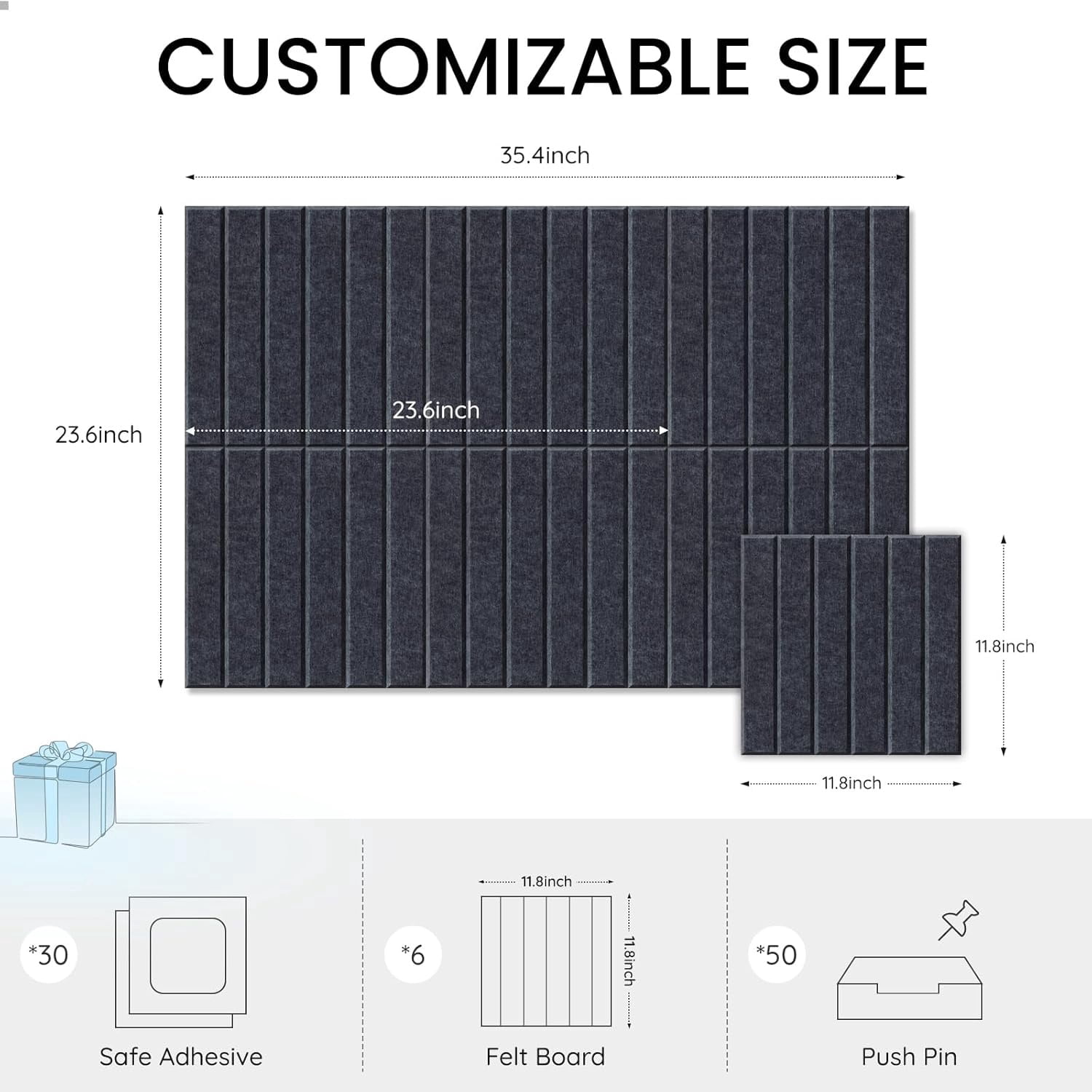 Large Cork Bulletin Board for Wall 36"x24", 6 Pack Felt Slat Wall Panel Tiles with 30 Pushpins, 25 Safe Removable Adhesive Tabs, Decorative Pin Board Tack Board for Office Home School, Deep Gray